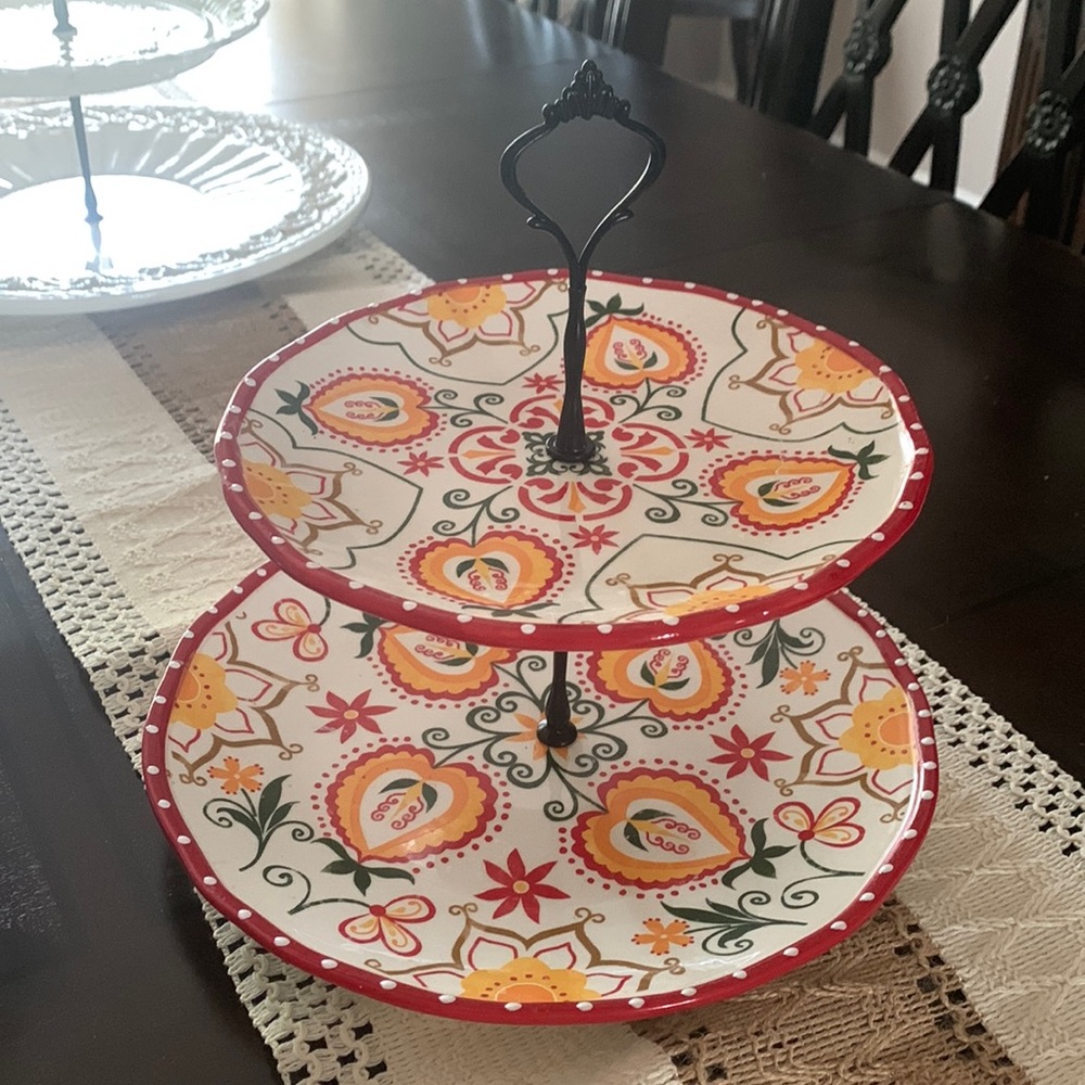 Tiered ceramic plates.